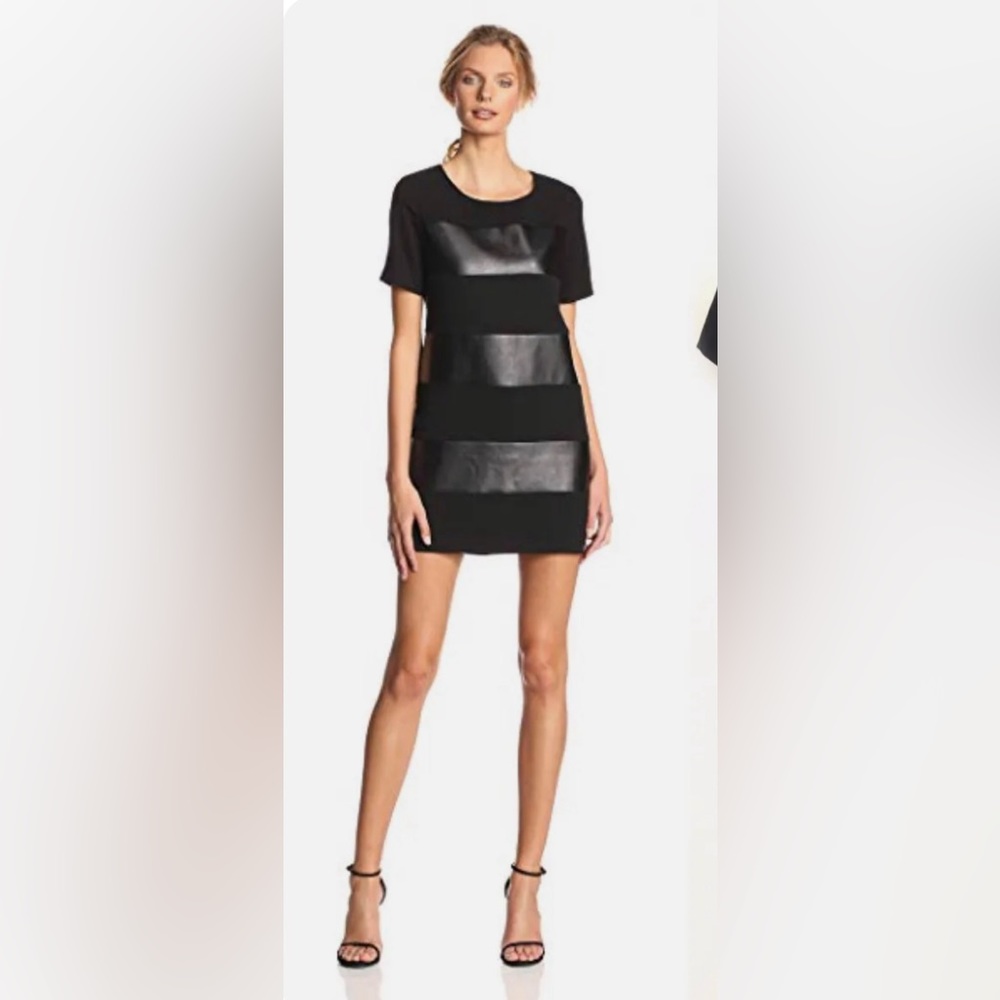 McGinn shift mini dress with leather stripes. Short sleeve